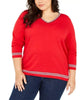 Tommy Hilfiger Women's Plus Size Ivy Contrast-Trim Cotton Sweater Medium Red Size 1X - thumbnail