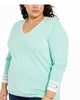 Tommy Hilfiger Women's Plus Cotton Striped V Neck Sweater Mint Size 0X - thumbnail