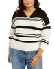 Planet Gold Women's Trendy Plus Striped V Neck Lace up Back Sweater Black Size 3X - thumbnail
