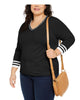 Tommy Hilfiger Women's Plus Cotton Striped V Neck Sweater Black Size 0X - thumbnail