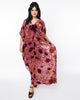 Unique Vintage Sheer Red Rose Velvet Burnout Bow Front Caftan - thumbnail