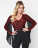 Smak Parlour Burgundy Floral Velvet Burnout Fringe Sleeved Bodysuit - thumbnail