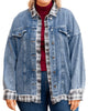 Sky Blue Plaid Hem Splicing Plus Size Denim Jacket - thumbnail
