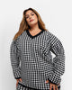 Octavia Checkered Knit Oversized V Neck Sweatshirt - Black & White - thumbnail