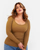 Mindy Ribbed V Neck Long Sleeve Top - Khaki - thumbnail