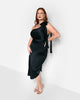 Makena Satin Pleated Asymmetrical Midi Bodycon Dress - Black - thumbnail