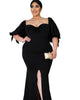 Black Bow Tie Puff Sleeve Plus Size High Slit Maxi Dress - thumbnail