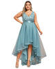 Sleeveless Sequin Ribbon Waist Tulle High Low Evening Dress - thumbnail