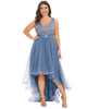 Sleeveless Sequin Ribbon Waist Tulle High Low Evening Dress - thumbnail