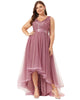 Sleeveless Sequin Ribbon Waist Tulle High Low Evening Dress - thumbnail