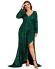 Sequin Long Sleeve V-neck Asymmetrical Hem Evening Dress - thumbnail