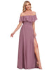 Women's Off Shoulder Ruffle Thigh Slit Bridesmaid Dresses - thumbnail