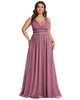 V-Neck Sleeveless Beaded Belt Chiffon A-Line Evening Dress - thumbnail