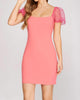Organza Puff Sleeve Heavy Knit Mini Dress in Candy Pink - thumbnail