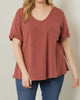 V Neck Relaxed Fit With Rolled Cuffs in Brick - thumbnail