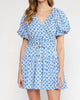 V-Neck Puff Sleeve Mini Dress in Blue Geo Print - thumbnail