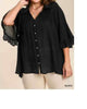 Sheer Bell Sleeved Collared Top (Plus) in Black - thumbnail