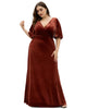 Elegant Double V Neck Velvet Party Dress with Sleeves - thumbnail