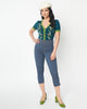 Unique Vintage Plus Size Denim Mushroom & Daisy Embroidered Rachelle Capri Pants - thumbnail