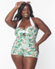 Unique Vintage Green Monstera Print Pismo Romper Swimsuit - thumbnail
