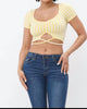 Bottom Front Cut Out Plaid Print Short Sleeve Crop Top in Yellow And White - thumbnail