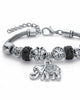Black Crystal Silvertone Half Beaded Bali-Style Elephant Charm Bracelet 7.25" - thumbnail