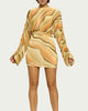 Marble Ruched Jersey Mini Dress in Yellow/Taupe - thumbnail