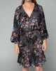 Floral Dolman Sleeve Smocked V Neck Mini Dress in Grey/ Dusty Blue - thumbnail