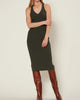 Ribbed V Neck Midi Dress in Moss Green - thumbnail