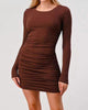 Side Scrunch Ribbed Long Sleeve Dress in Brown - thumbnail