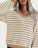 Striped V-Neck Knit Sweater in Khaki/White - thumbnail