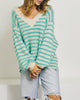 Striped V-Neck Sweater in Light Teal - thumbnail