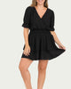 Smocked Surplice Woven Mini Dress in Black - thumbnail