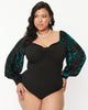 Unique Vintage Teal & Black Floral Velvet Burnout Bodysuit - thumbnail