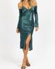 Satin Maxi Dress W/ Long Cuff-Sleeve In Emerald - thumbnail