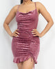 Velvet Cowl Neck Ruched Dress In Dark Rose - thumbnail