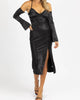 Satin Maxi Dress W/ Long Cuff-Sleeve In Black - thumbnail