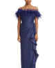 Feather Ruffle Off-Shoulder Gown In Navy - thumbnail