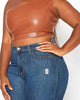 Plus Size Faux Leather One Sleeve Crop Top in Carmel - thumbnail