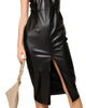 Cross Halter Vegan Leather Midi Dress in Black - thumbnail