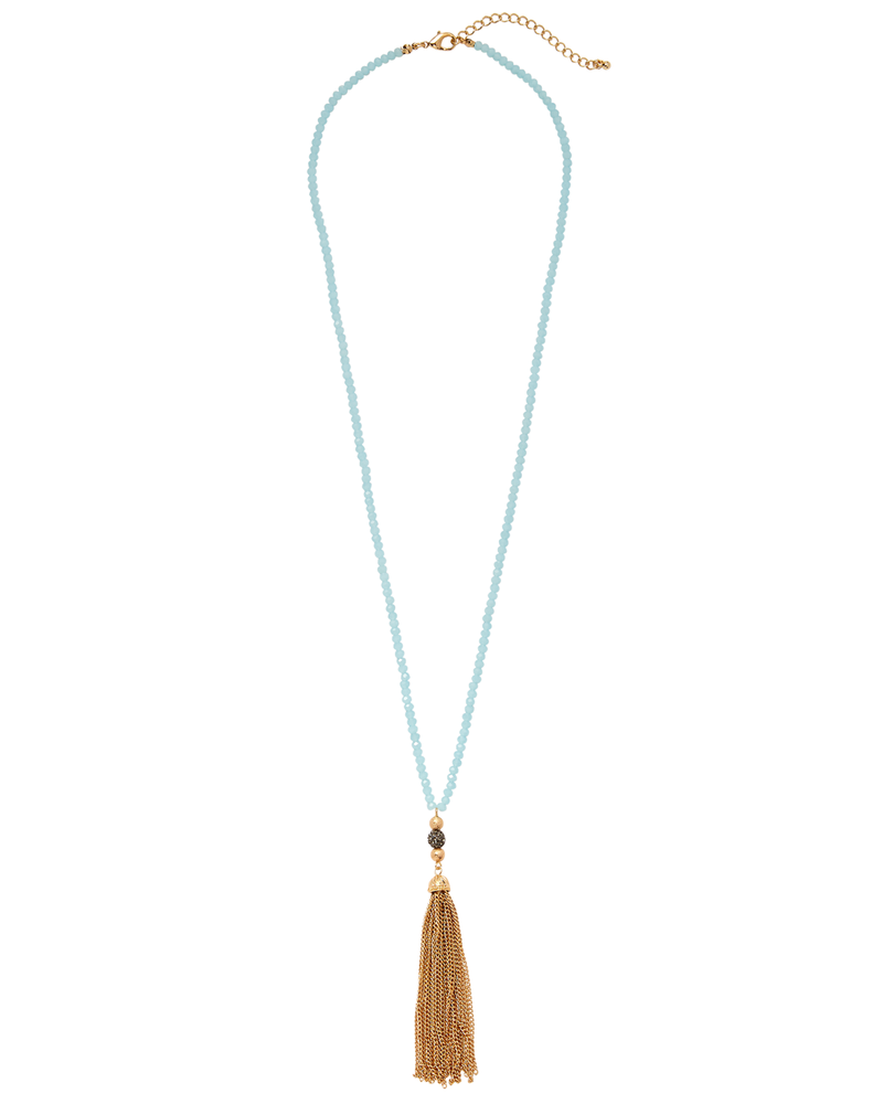 Sarasota Beaded Tassel Necklace | Gold / Light Blue