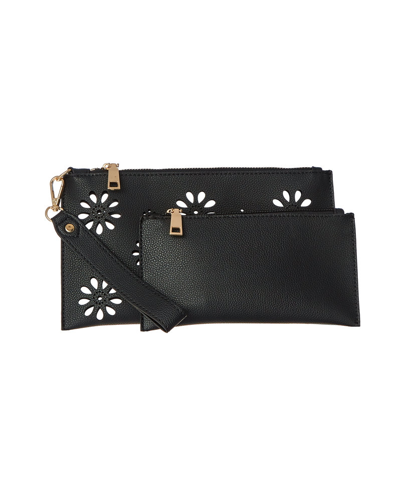 Sutton Laser Cut Vegan Leather Wristlet | Black